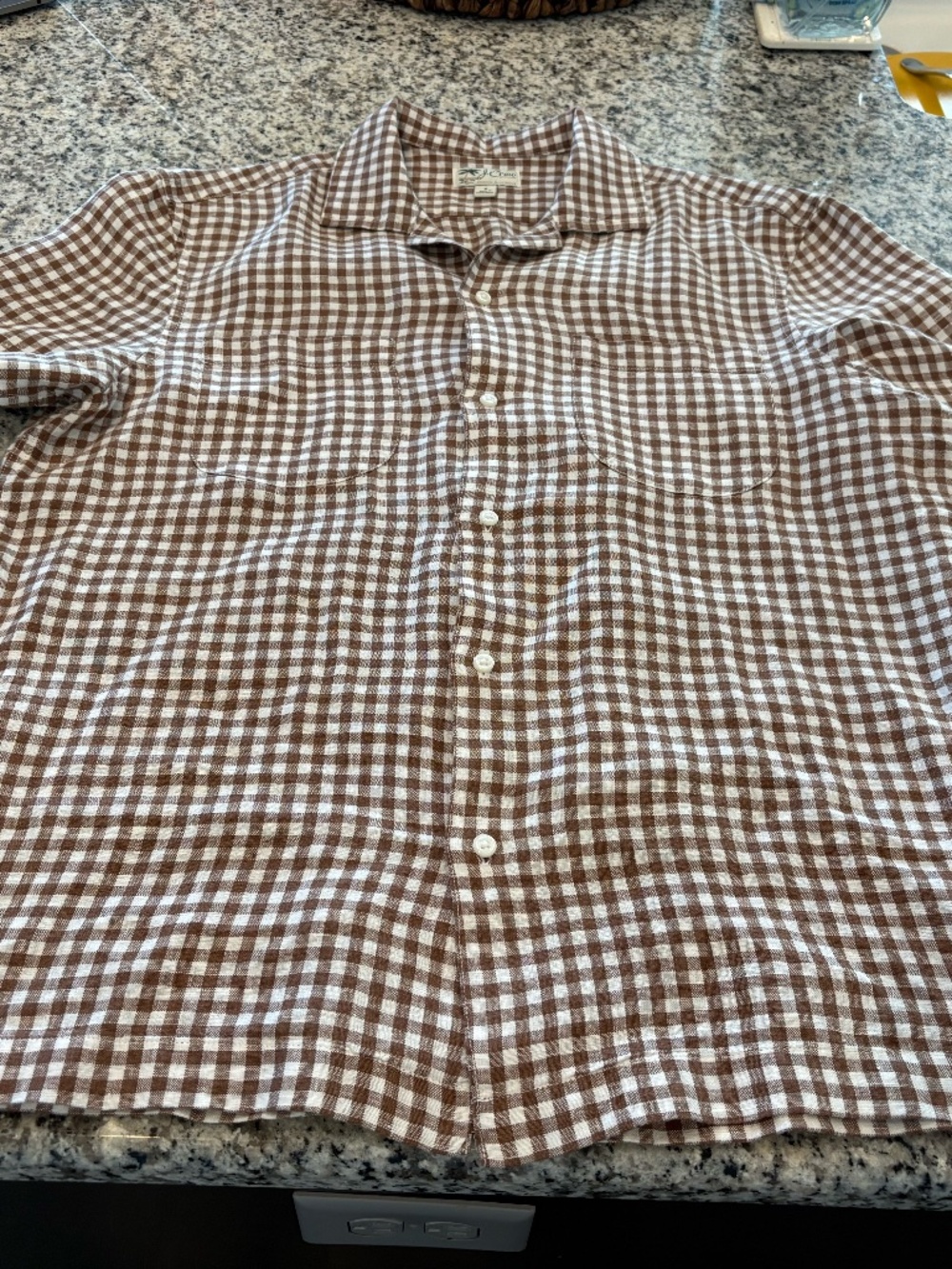 J.Crew Linen Camp Collar Shirt Brown Gingham Short Sleeve S